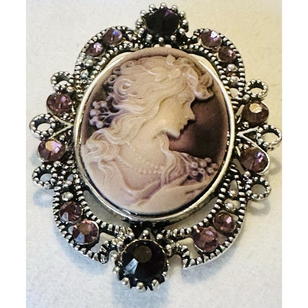 Vintage Cameo Brooch Purple Rhinestone Silver Tone Victorian Style Fashion